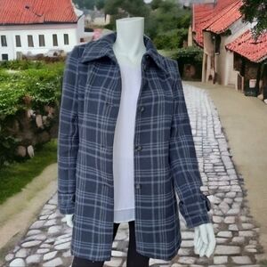 Daniel Hechter Paris navy blue plaid coat jacket trench